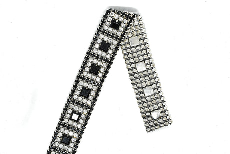 Rhinestone Trim Black Clear Silver Cupping 1"