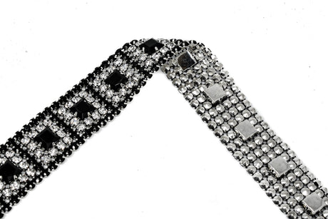 Rhinestone Trim Black Clear Silver Cupping 1"