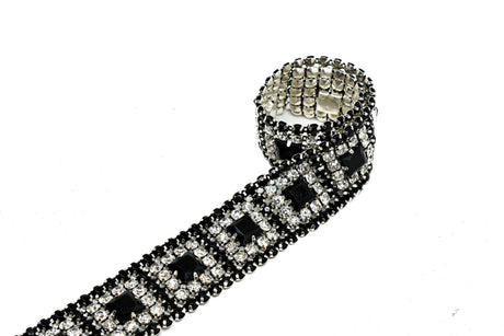 Rhinestone Trim Black Clear Silver Cupping 1"