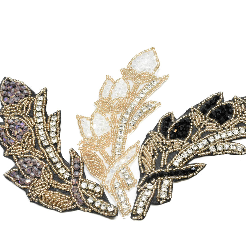 Rhinestone Beaded Leaf Applique 5.90 x 2