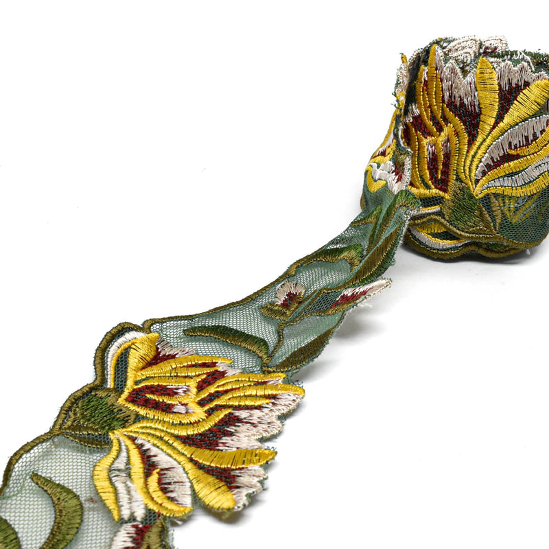 Embroidered Floral Lace Trim 2.50 Inch Yellow Green