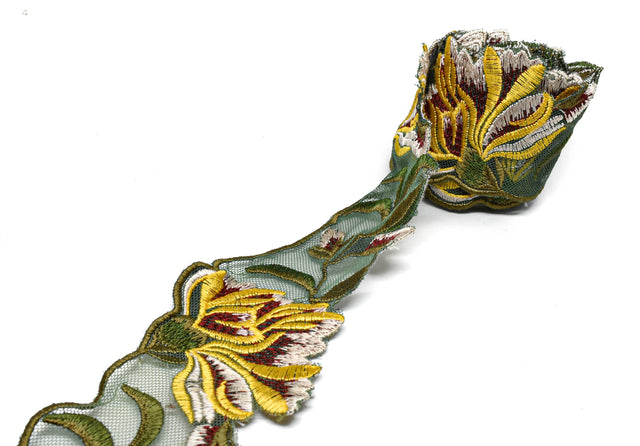 Embroidered Floral Lace Trim 2.50 Inch Yellow Green