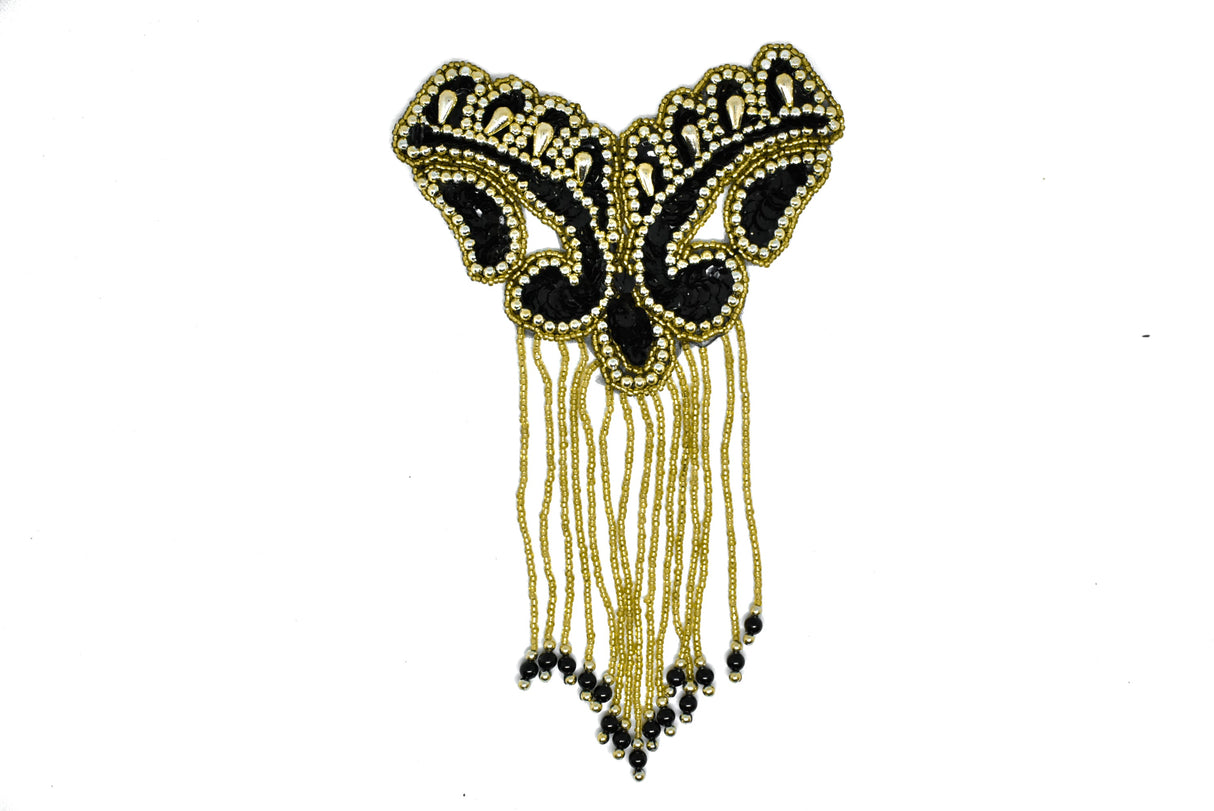 Beaded Fringe Applique Black Gold 8.5x5.5