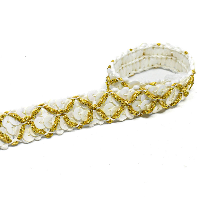 Sequins Trim Metallic Gold 0.63" White
