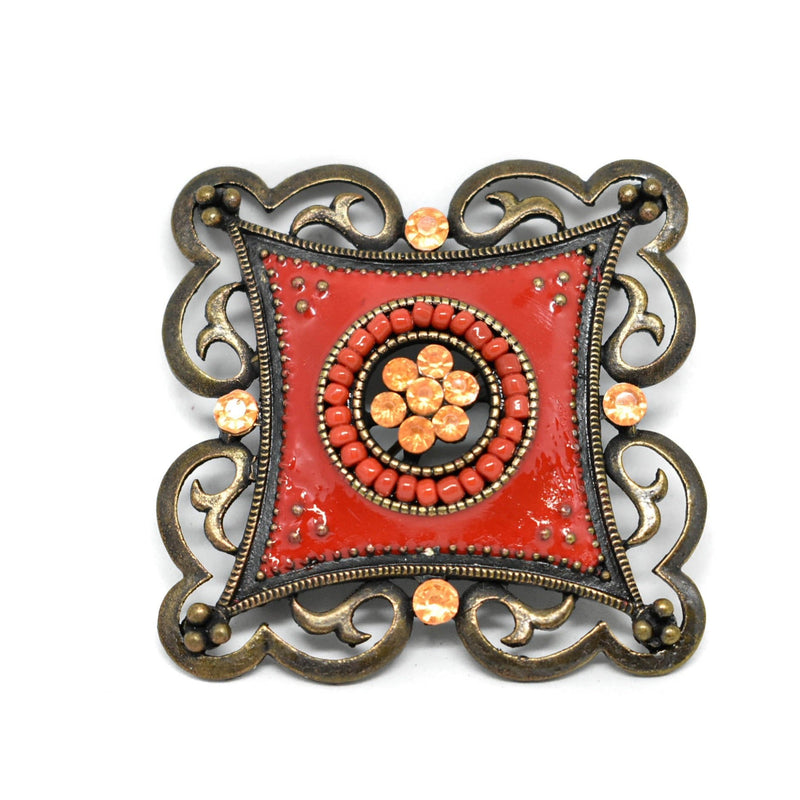 Rhinestone Brooch Red Orange 2.25"