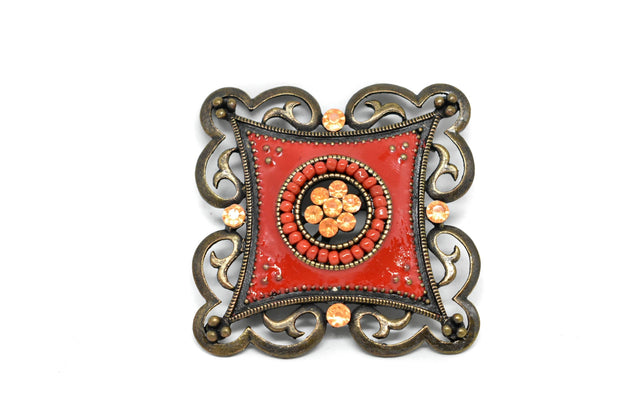 Rhinestone Brooch Red Orange 2.25"