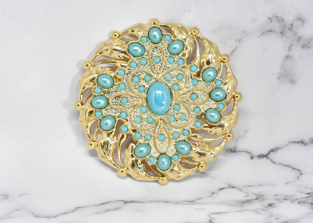 Beaded Gold Turquoise Pearl Buckle 5"