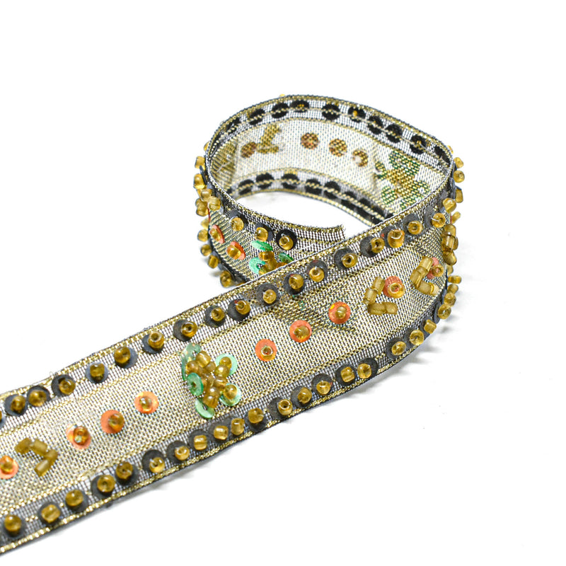 Beaded Embroidered Organza Trim Olive Green 1"