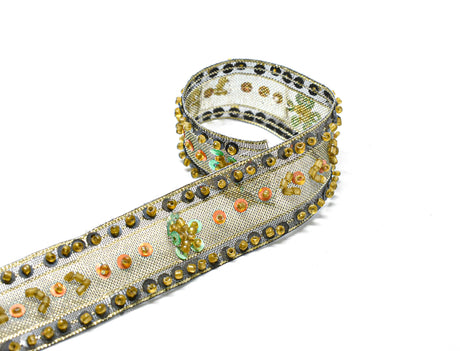 Beaded Embroidered Organza Trim Olive Green 1"