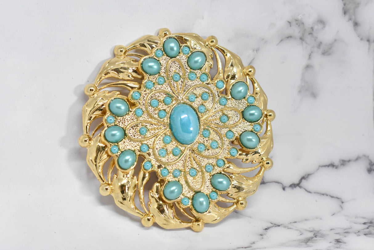 Beaded Gold Turquoise Pearl Buckle 5"