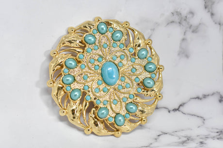 Beaded Gold Turquoise Pearl Buckle 5"
