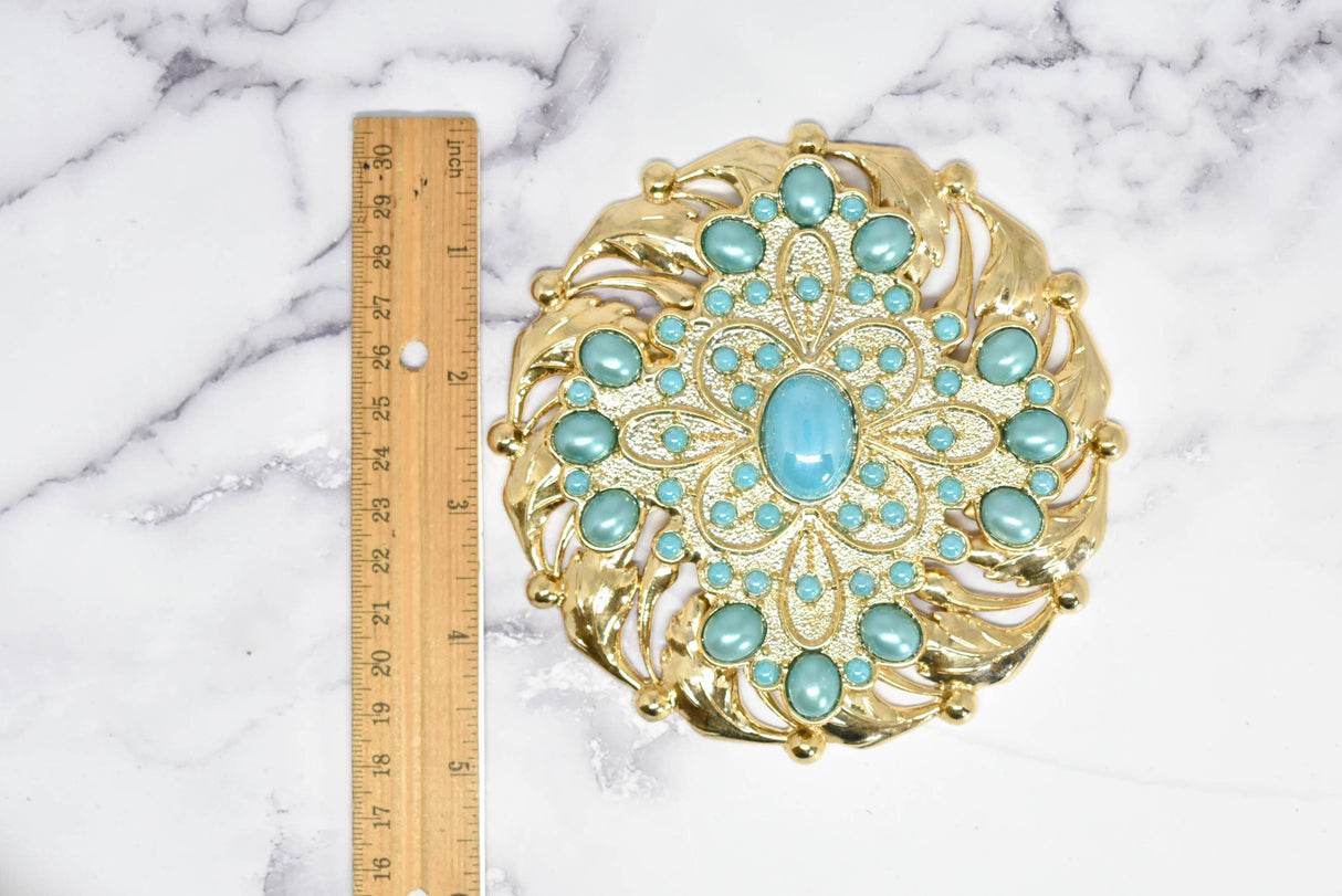 Beaded Gold Turquoise Pearl Buckle 5"