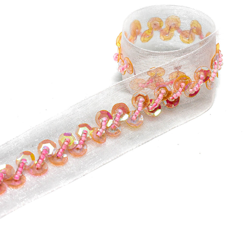Sequins Trim Light Pink Wavy Organza 1"
