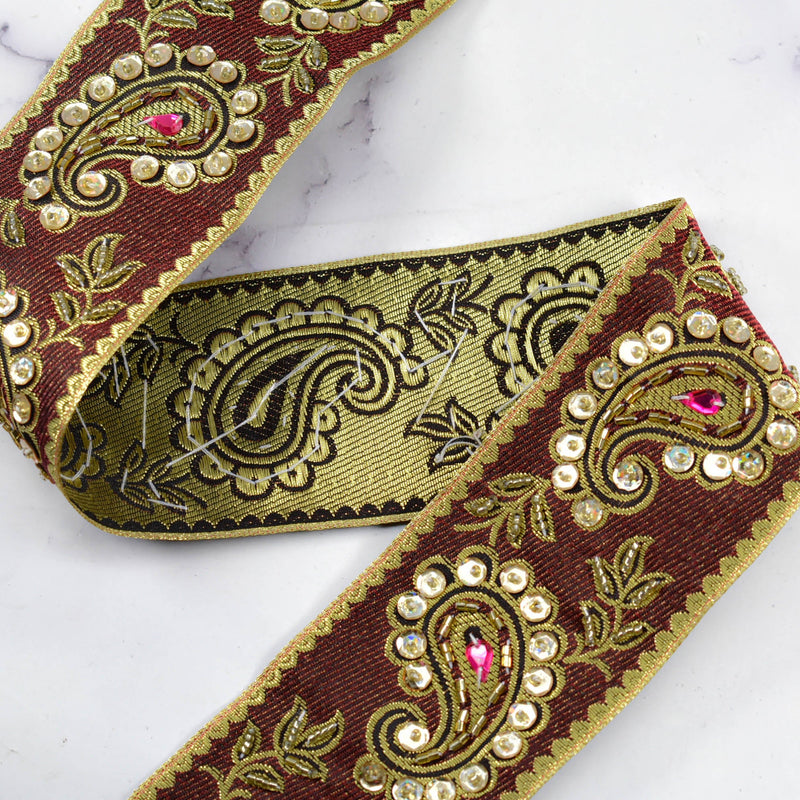 Embroidered Paisley Trim Gold Sequin 2.50"