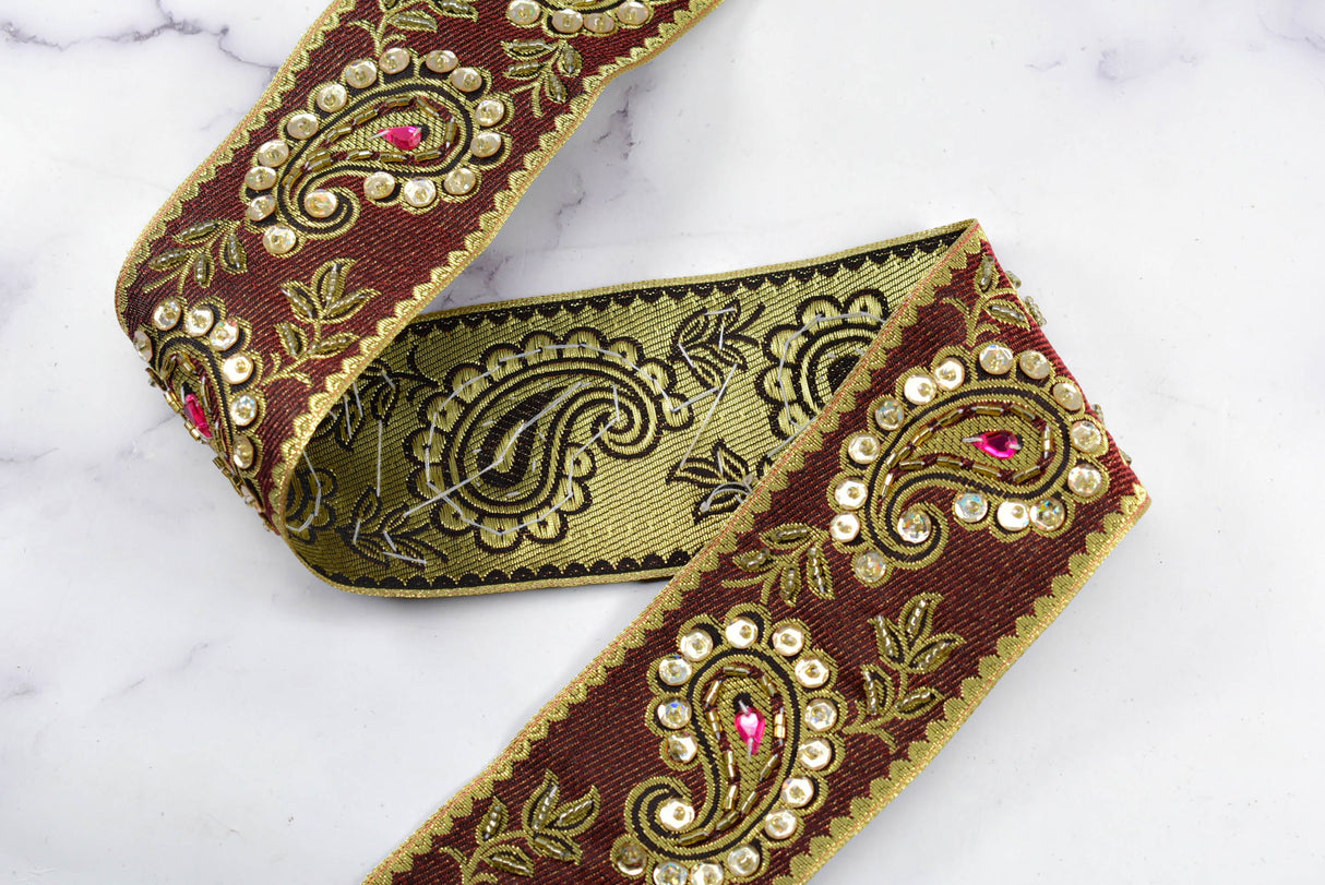 Embroidered Paisley Trim Gold Sequin 2.50"