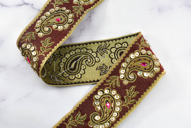 Embroidered Paisley Trim Gold Sequin 2.50"
