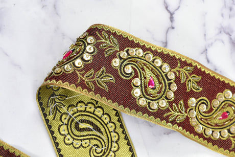 Embroidered Paisley Trim Gold Sequin 2.50"