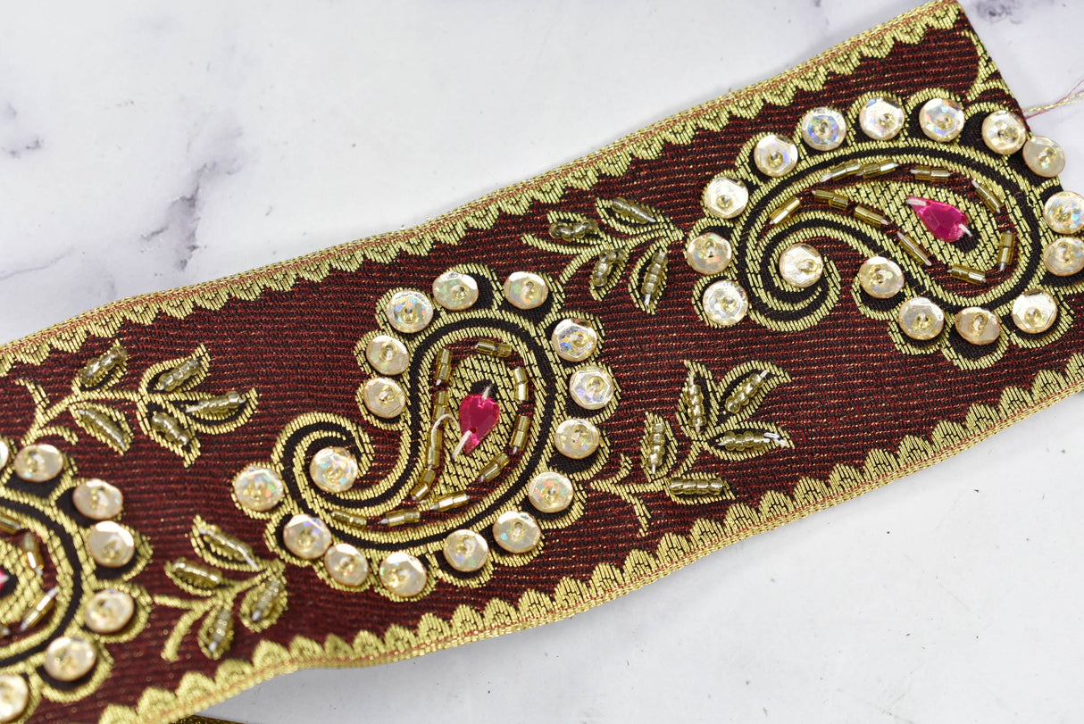 Embroidered Paisley Trim Gold Sequin 2.50"