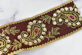 Embroidered Paisley Trim Gold Sequin 2.50"