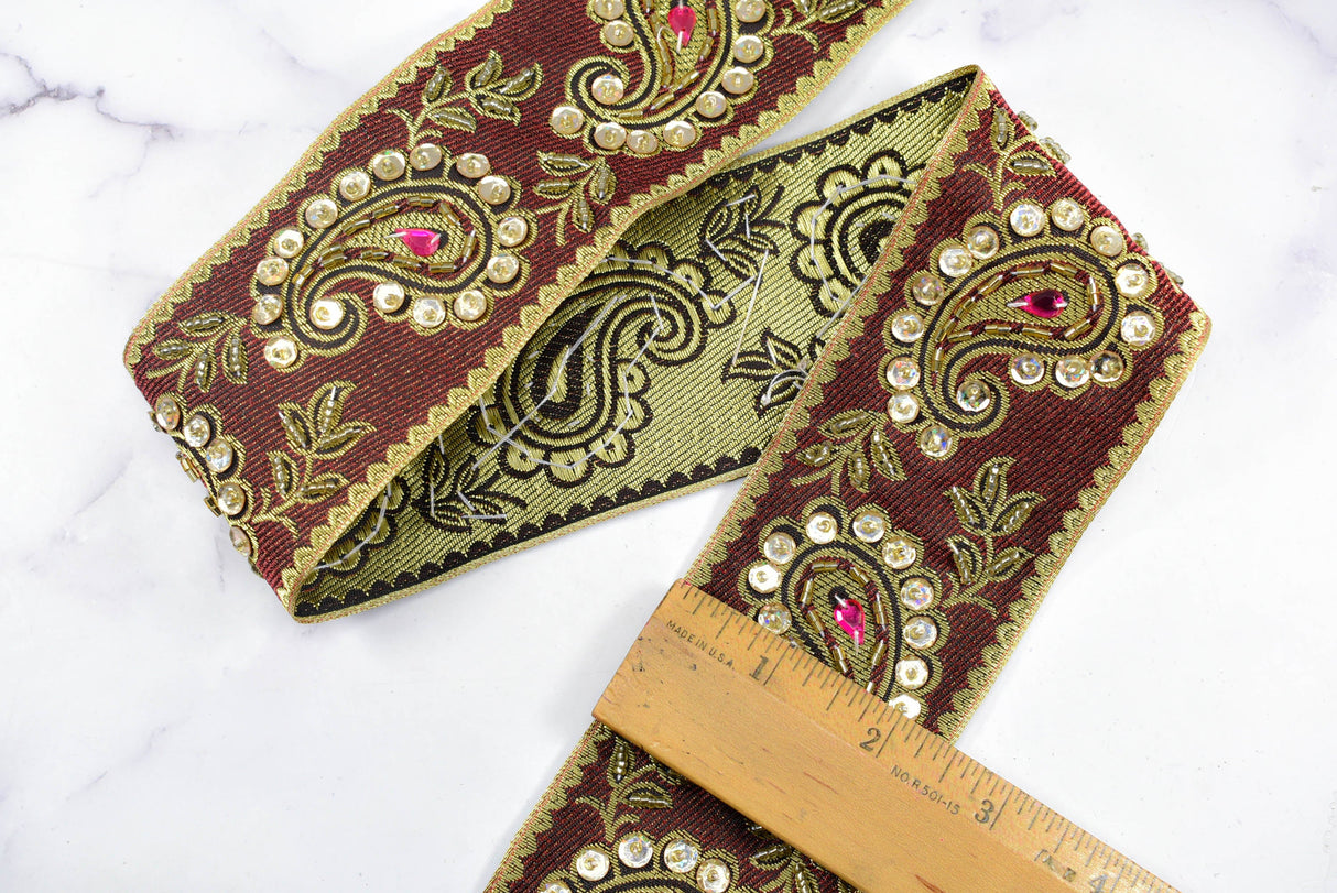 Embroidered Paisley Trim Gold Sequin 2.50"
