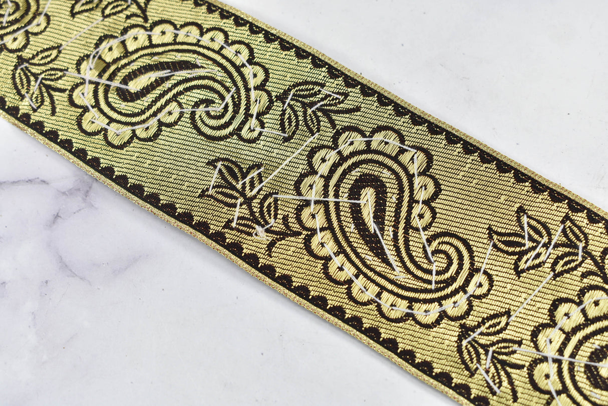Embroidered Paisley Trim Gold Sequin 2.50"