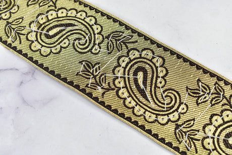 Embroidered Paisley Trim Gold Sequin 2.50"