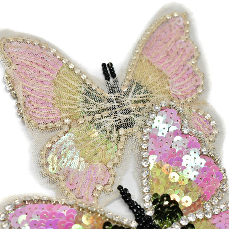 Embroidered Applique Sequins Rhinestone Butterfly Pink 4.5"