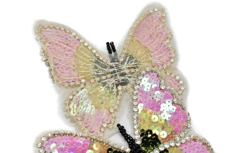 Embroidered Applique Sequins Rhinestone Butterfly Pink 4.5"