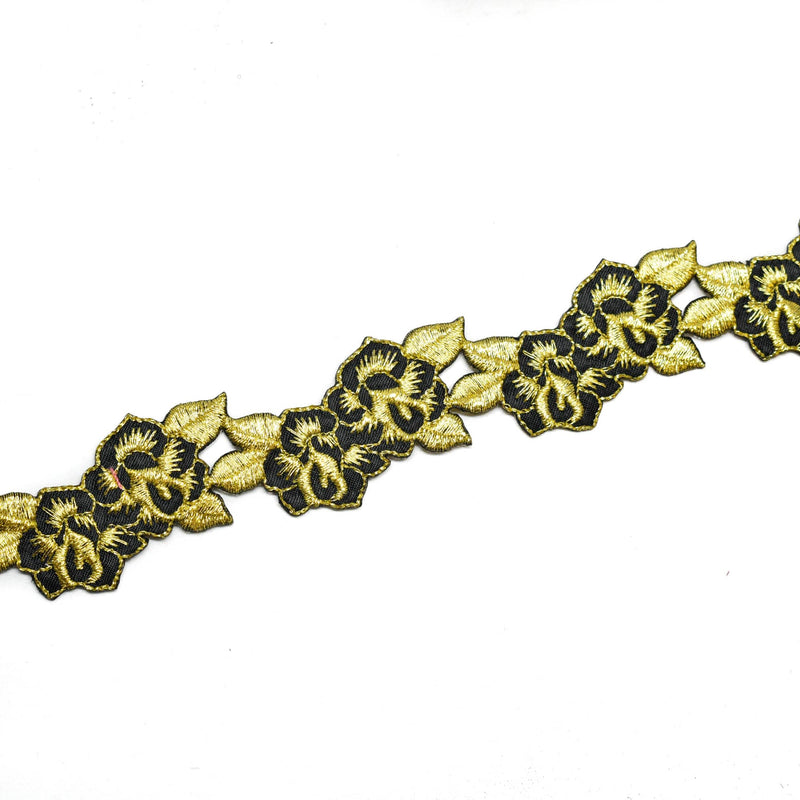 Embroidered Iron-On Patch Gold Black Floral 8.75 x 1.25
