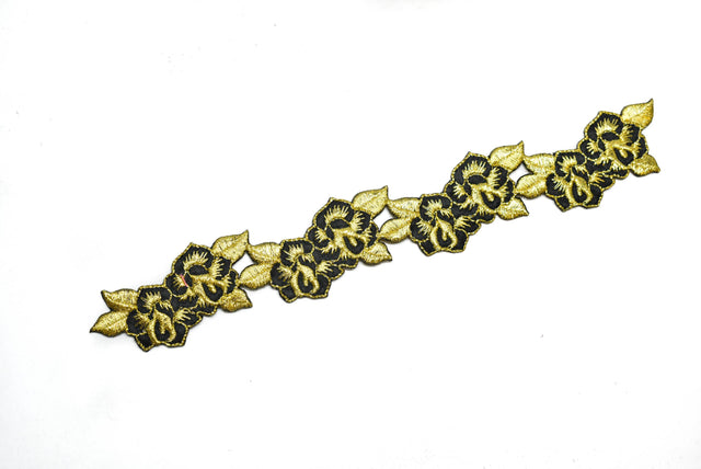 Embroidered Iron-On Patch Gold Black Floral 8.75 x 1.25