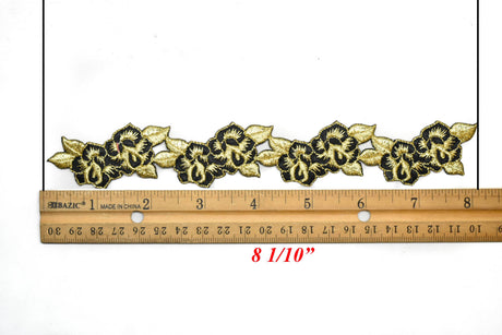 Embroidered Iron-On Patch Gold Black Floral 8.75 x 1.25