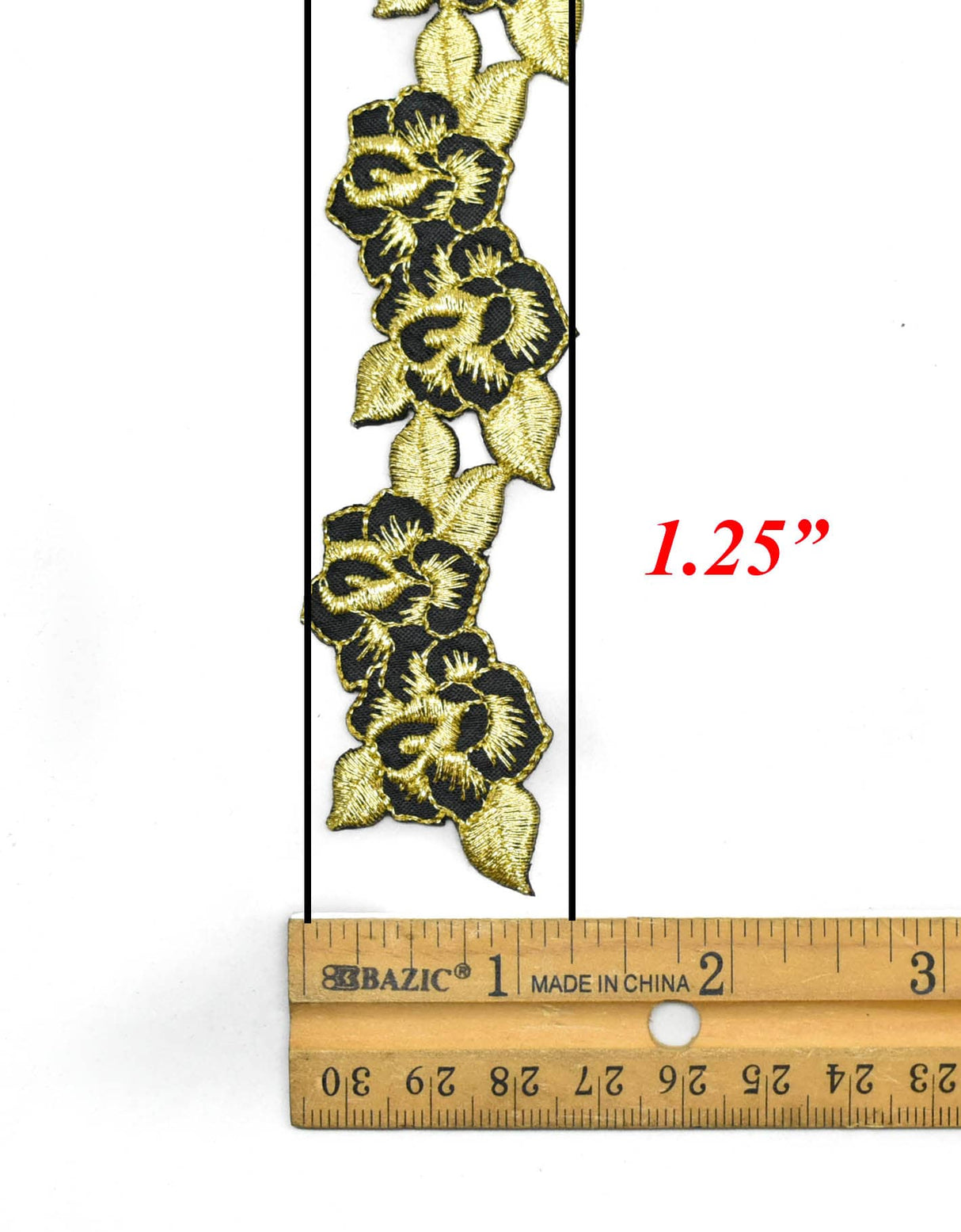 Embroidered Iron-On Patch Gold Black Floral 8.75 x 1.25