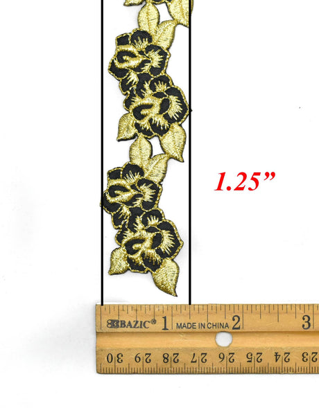 Embroidered Iron-On Patch Gold Black Floral 8.75 x 1.25