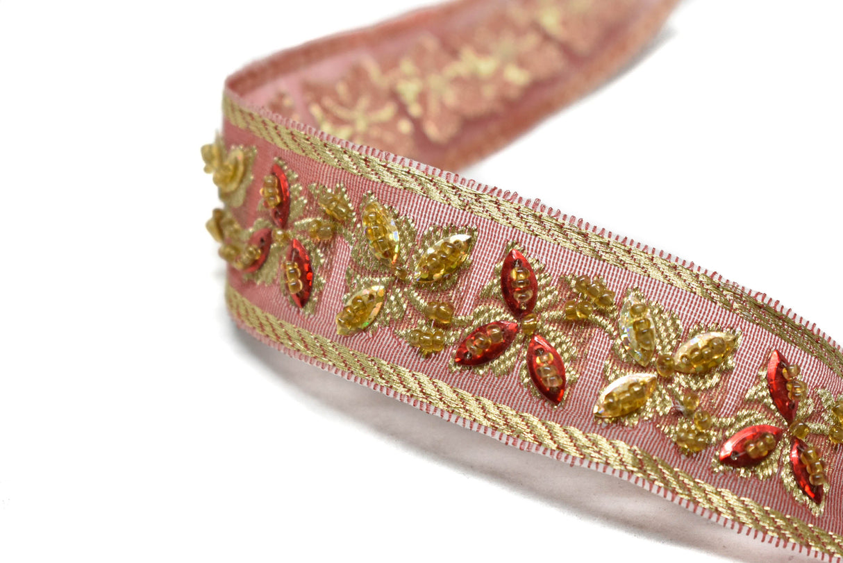 Sequins Beaded Floral Trim Red 1.25 Inch
