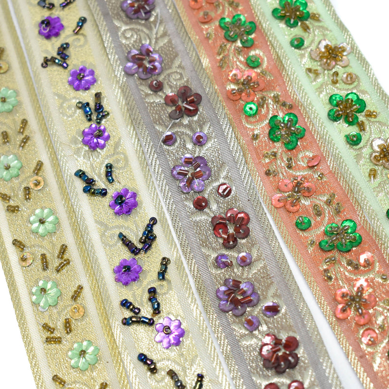 Embroidered Floral Sequins Trim 1.125"
