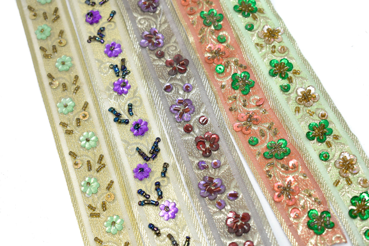 Embroidered Floral Sequins Trim 1.125"