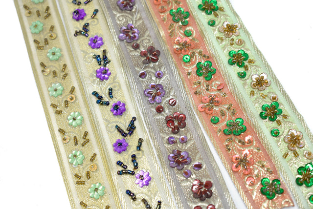 Embroidered Floral Sequins Trim 1.125"