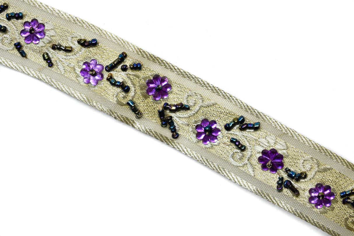 Embroidered Floral Sequins Trim 1.125"