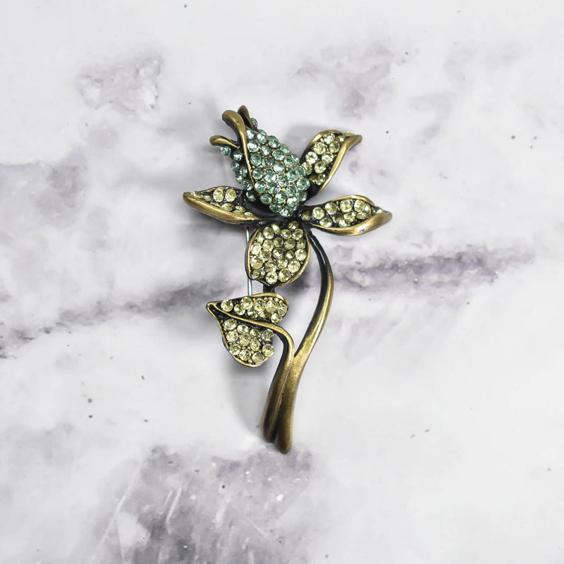 Rhinestone Flower Brooch Green Blue 1.50 x 2.50