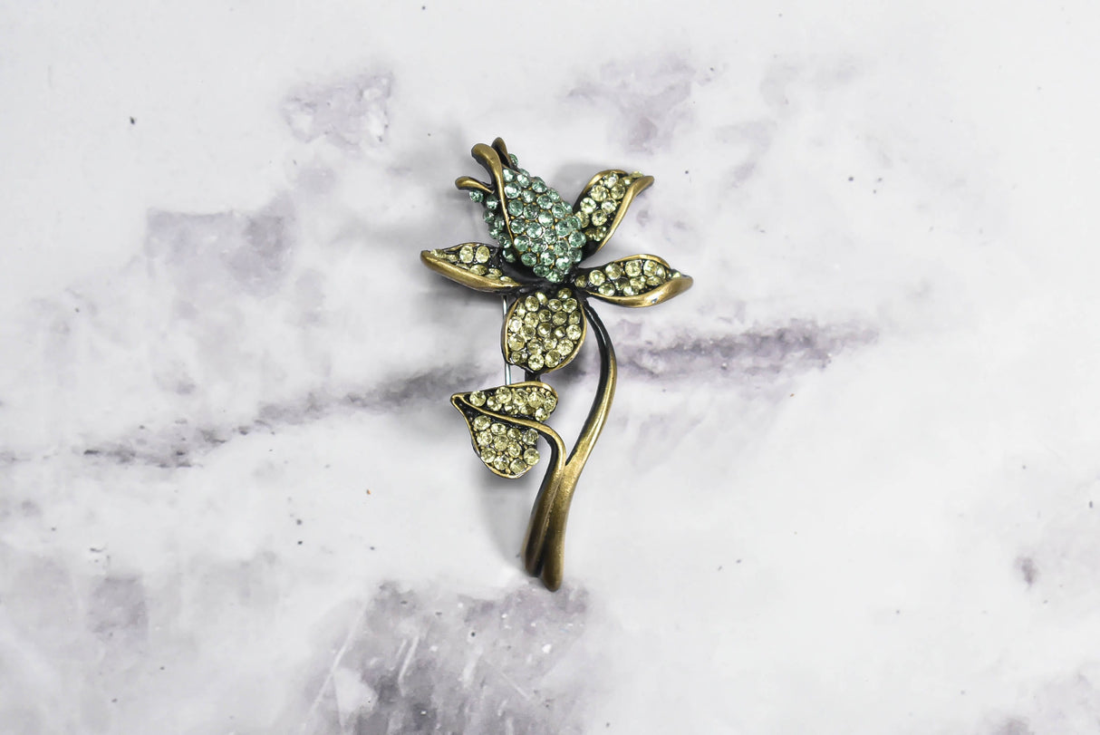 Rhinestone Flower Brooch Green Blue 1.50 x 2.50