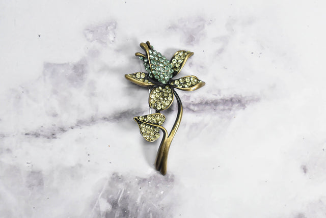 Rhinestone Flower Brooch Green Blue 1.50 x 2.50