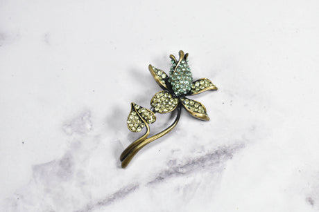 Rhinestone Flower Brooch Green Blue 1.50 x 2.50