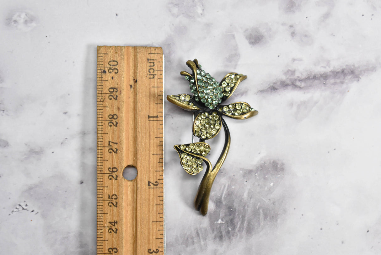 Rhinestone Flower Brooch Green Blue 1.50 x 2.50