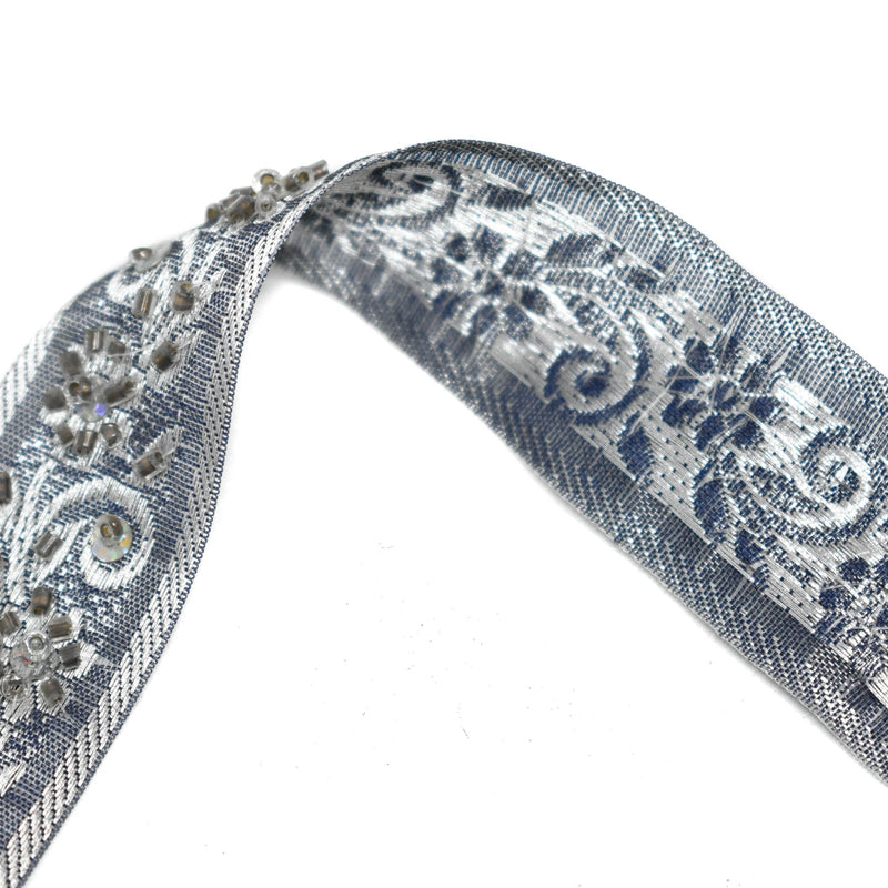 Embroidered Floral Sequin Trim 1" Silver