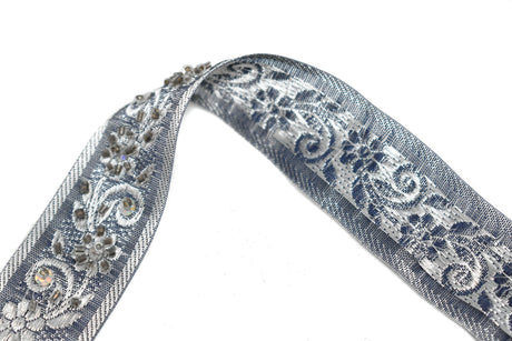 Embroidered Floral Sequin Trim 1" Silver