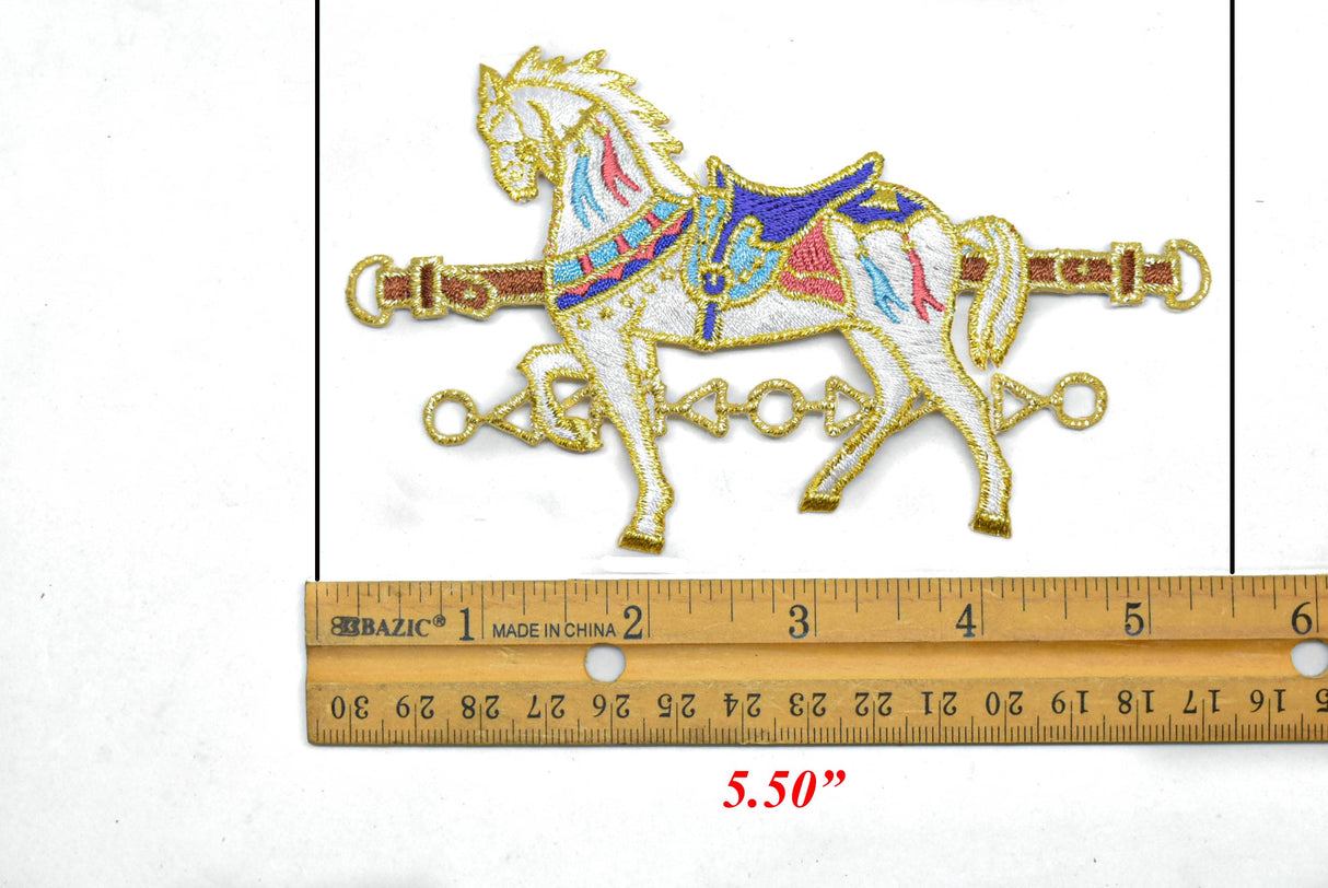 Embroidered Horse Applique White Gold 5.5 x 3.25