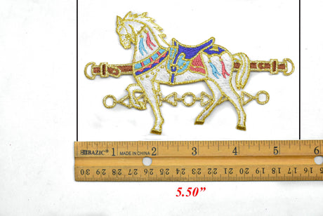 Embroidered Horse Applique White Gold 5.5 x 3.25