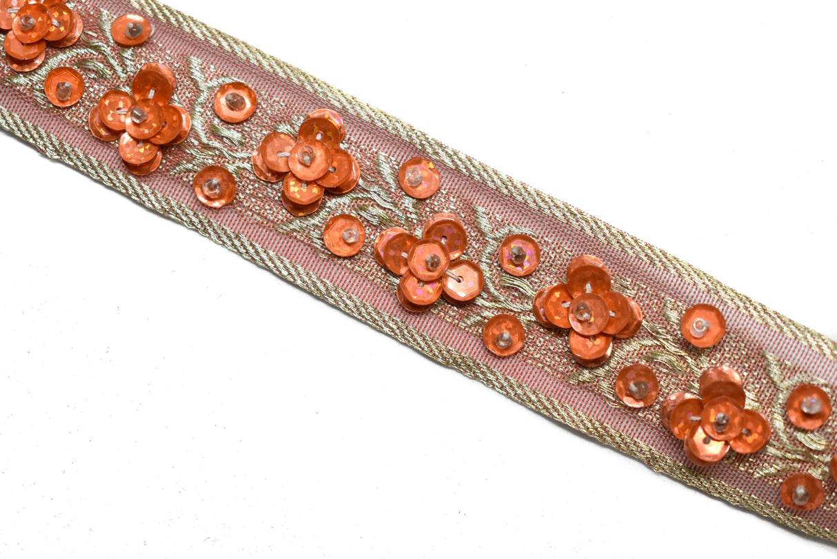 Embroidered Floral Sequins Trim Orange 1.25"