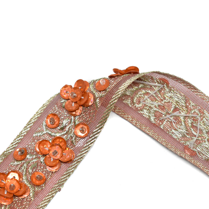 Embroidered Floral Sequins Trim Orange 1.25"