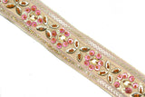 Beaded Floral Trim Gold Sequins Pink 1.25"